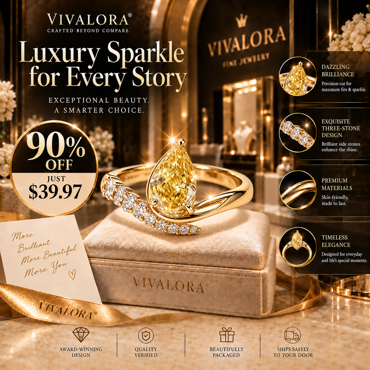 🔥 LAST DAY 90% OFF 丨VIVALORA® Pear-Shaped Gold Moissanite Adjustable Ring — Radiant Elegance
