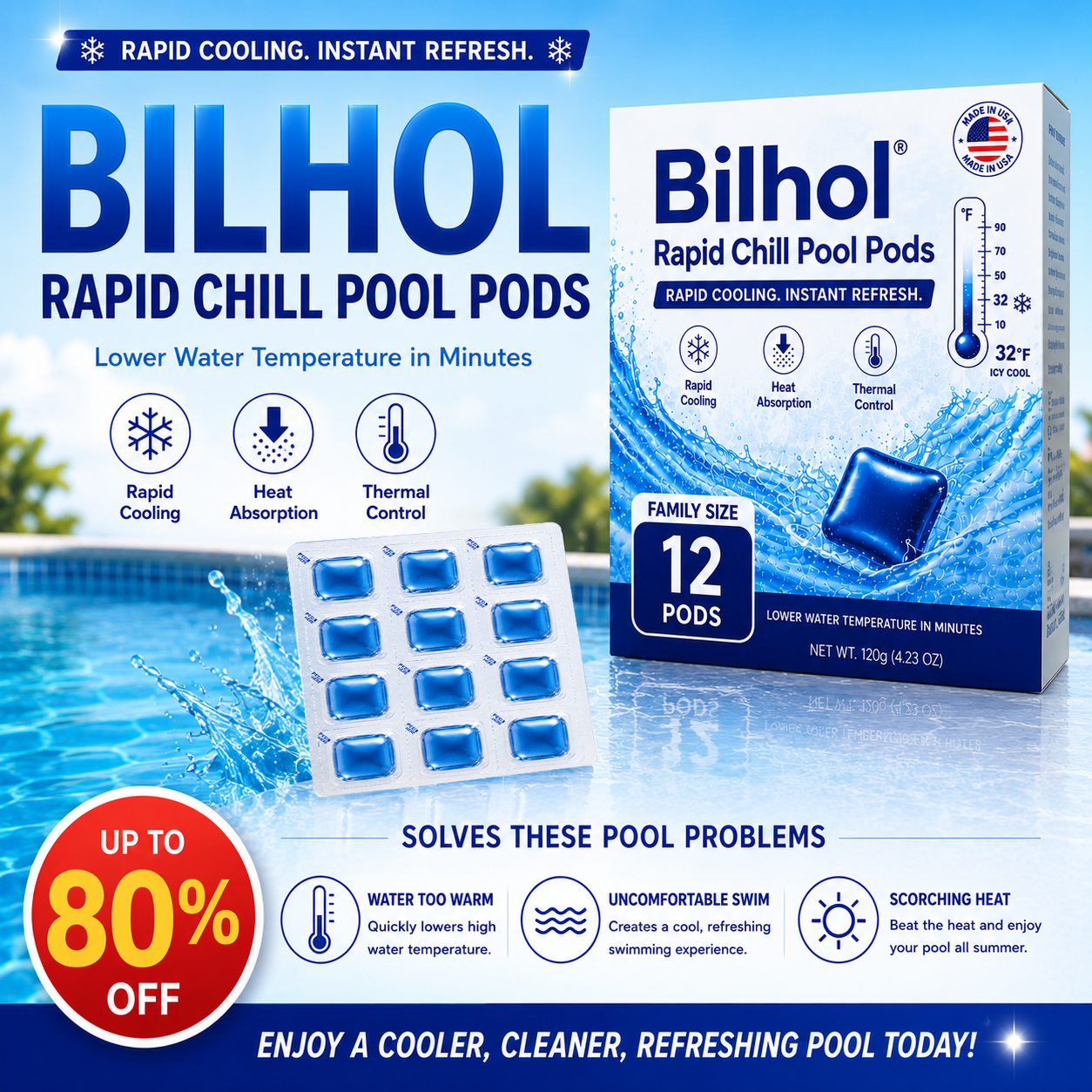 🥵 Stop Swimming in Hot Water This Summer!  💦 Billhol® Rapid Chill Pool Pods —  Rapid Cooling in Just 15 Minutes 🌡️ Helps Maintain Water Temperatures Up to 0% Cooler 🧊 1 Pod Treats Up to 400 Gallons