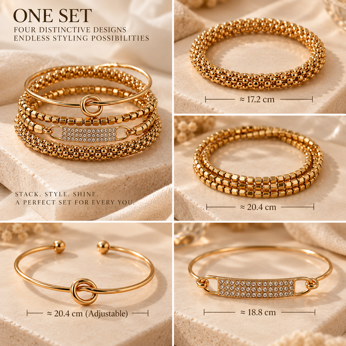 CZTICLE® Golden Layers Bracelet Set – 4-Piece Timeless Stackable Collection ✨