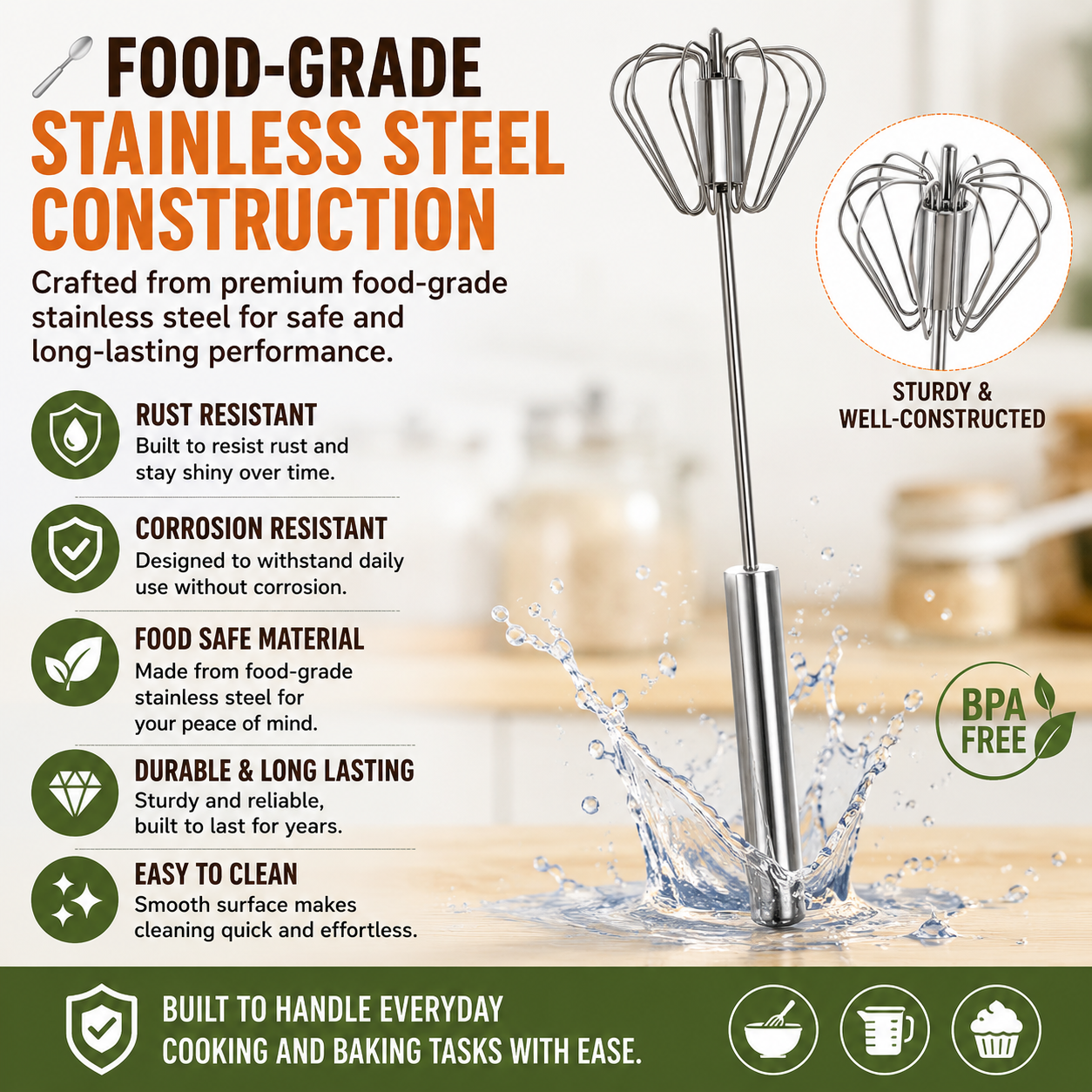 🥄✨ BVJ® Stainless Steel Hand-Push Rotary Whisk – Fast, Effortless Mixing in Seconds