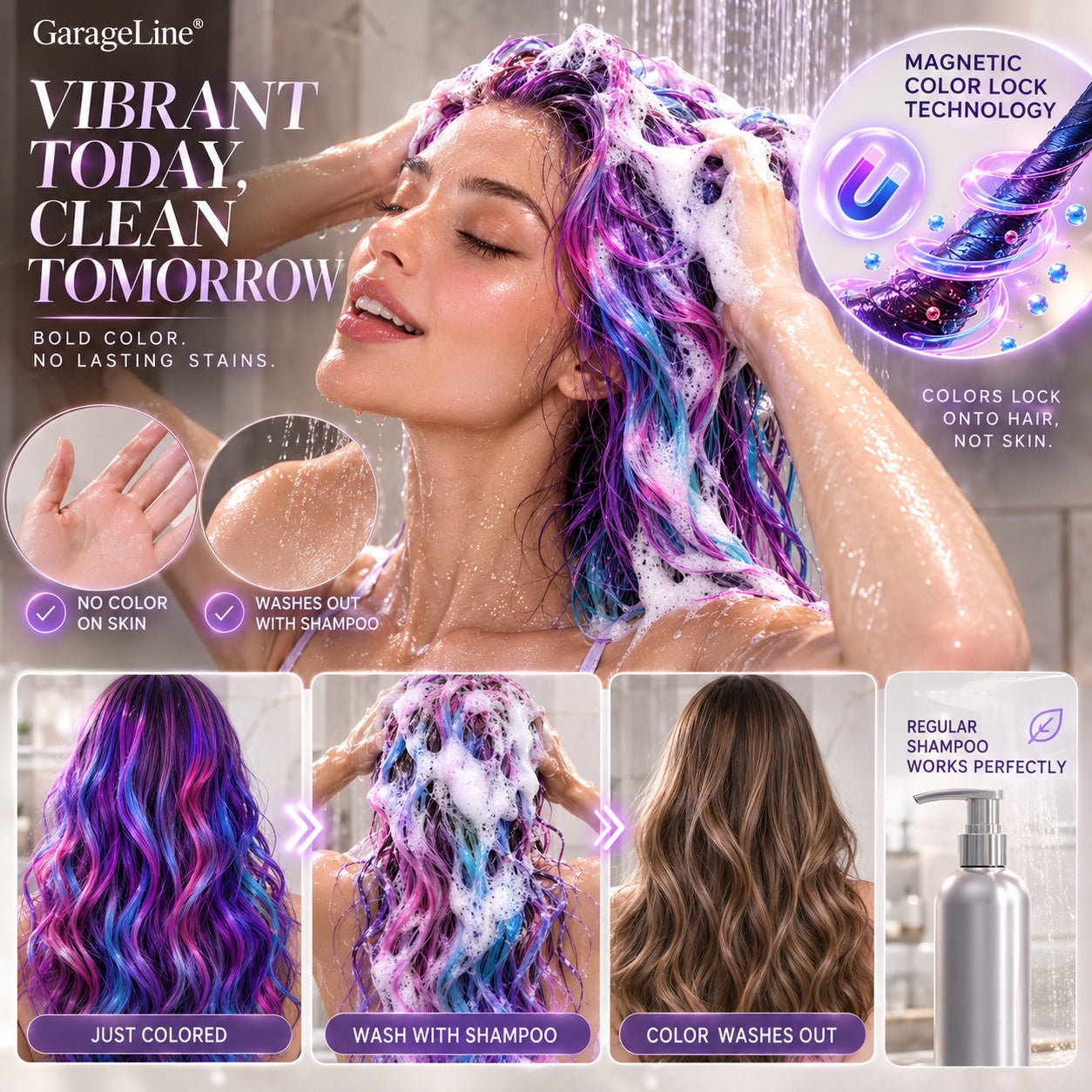 🔥Save 50% Today丨GarageLine® 3-in-1 Luminous Temporary Hair Chalk — Instant Color, Hair Repair & Party-Light Glow🌌