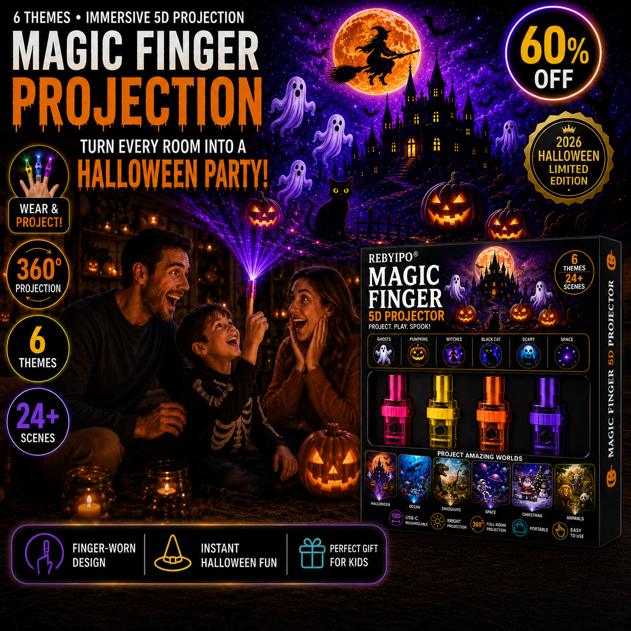 🎃 REBYIPO® 2026 Halloween Magic Finger Projector – 24+ Spooky Scenes Across 6 Immersive Worlds | Limited Edition 👻